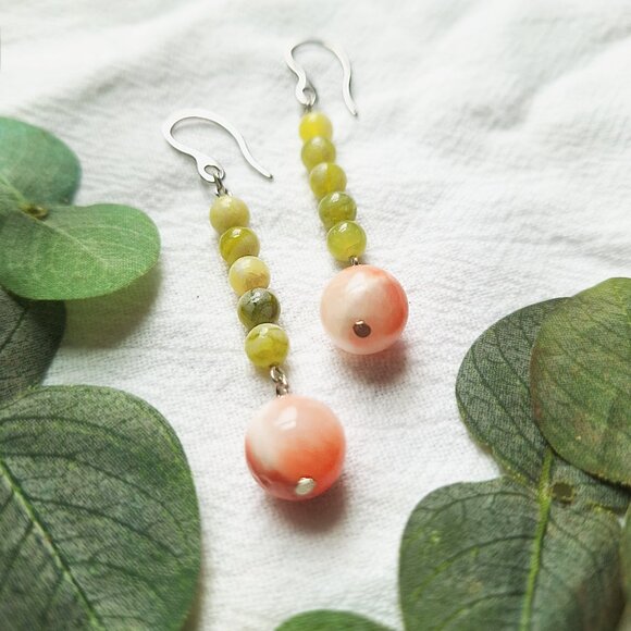 Boho Gemstone Dangle Earrings – Handmade Jewelry, Green & Pink Chalcedony - Picture 3 of 7